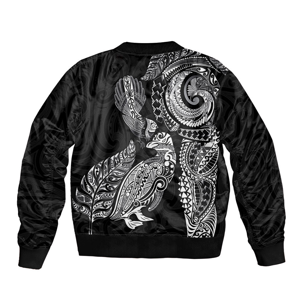 Aotearoa Moko Tribal Tattoo Bomber Jacket New Zealand Maori Penguin and Fantail Black Color LT03 - Polynesian Pride