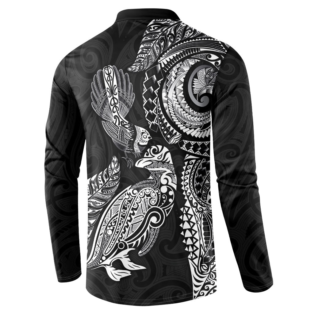 Aotearoa Moko Tribal Tattoo Button Sweatshirt New Zealand Maori Penguin and Fantail Black Color LT03 - Polynesian Pride