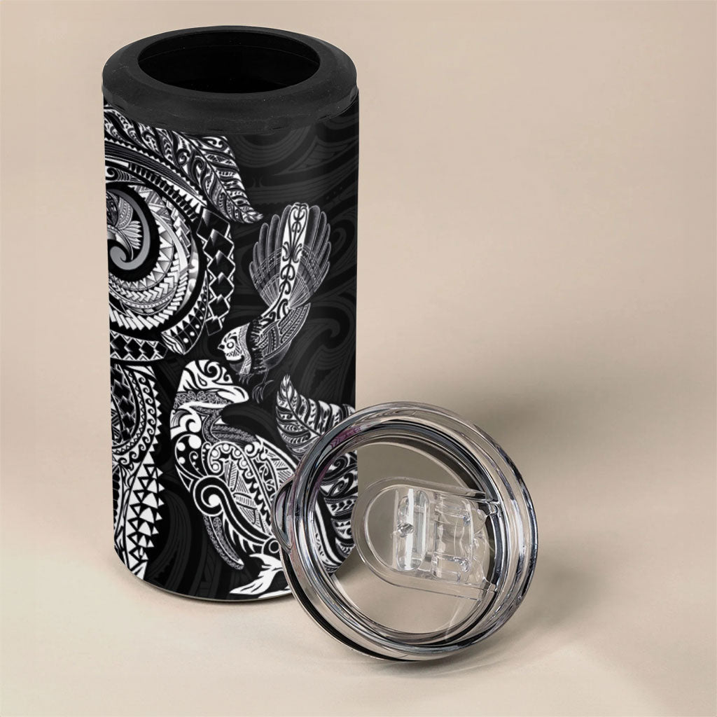Aotearoa Moko Tribal Tattoo 4 in 1 Can Cooler Tumbler New Zealand Maori Penguin and Fantail Black Color LT03 - Polynesian Pride
