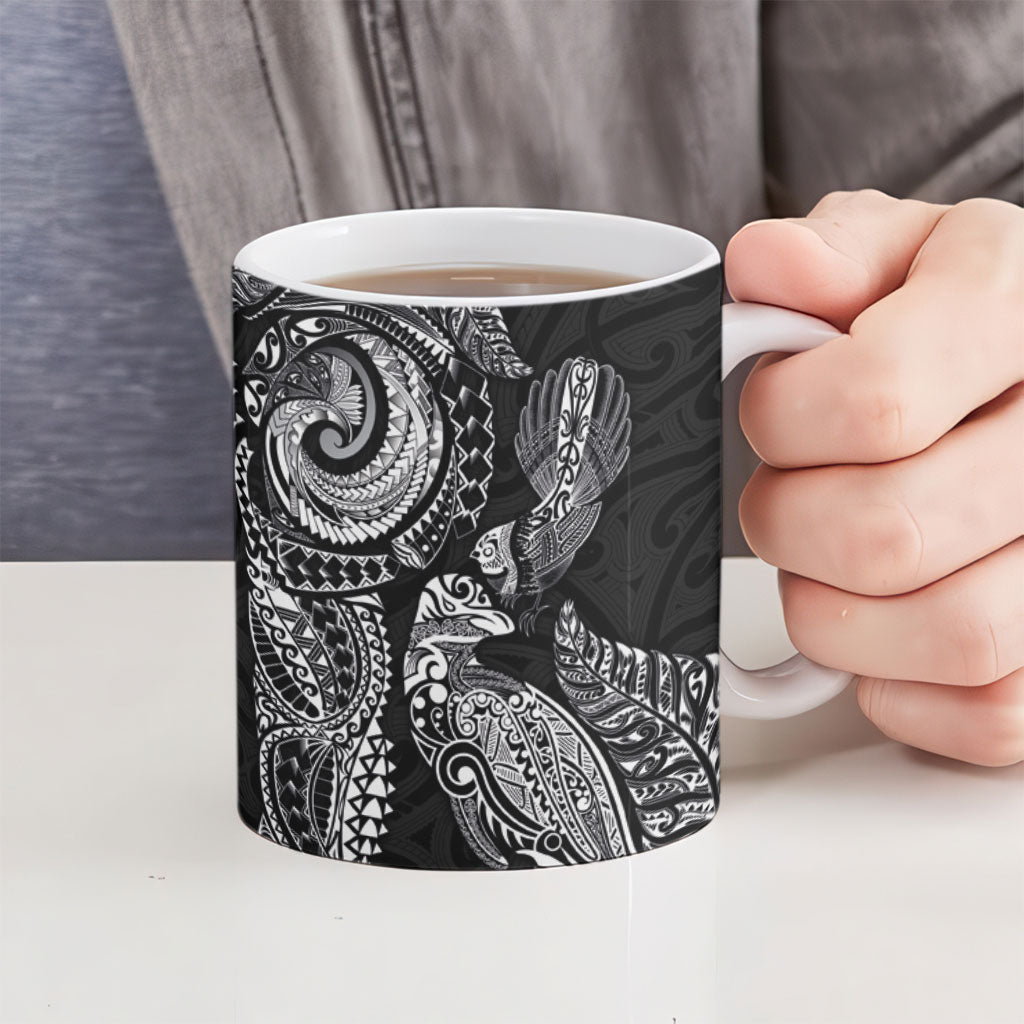 Aotearoa Moko Tribal Tattoo Ceramic Mug New Zealand Maori Penguin and Fantail Black Color LT03 - Polynesian Pride