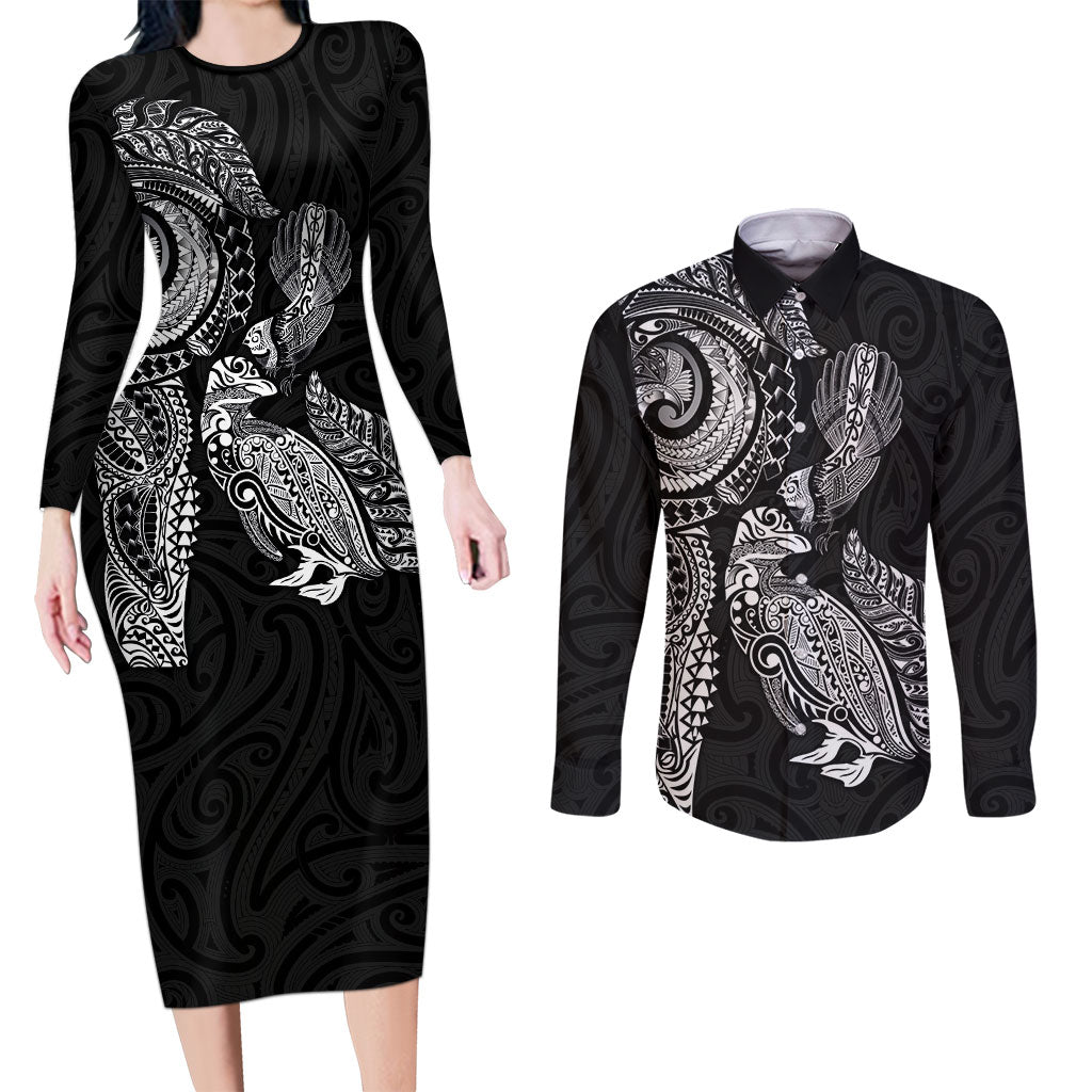 Aotearoa Moko Tribal Tattoo Couples Matching Long Sleeve Bodycon Dress and Long Sleeve Button Shirt New Zealand Maori Penguin and Fantail Black Color LT03 Black - Polynesian Pride