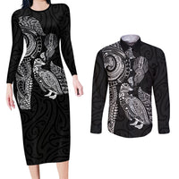 Aotearoa Moko Tribal Tattoo Couples Matching Long Sleeve Bodycon Dress and Long Sleeve Button Shirt New Zealand Maori Penguin and Fantail Black Color LT03 Black - Polynesian Pride