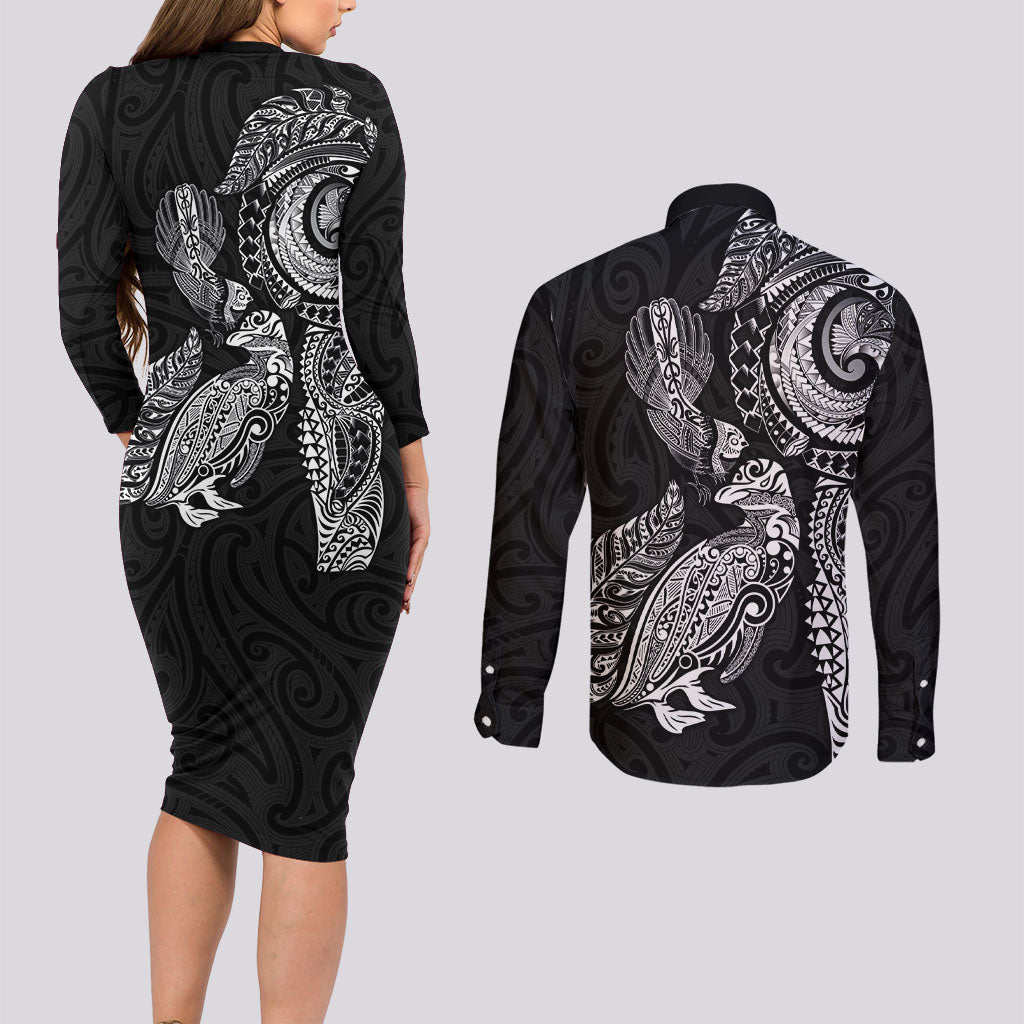 Aotearoa Moko Tribal Tattoo Couples Matching Long Sleeve Bodycon Dress and Long Sleeve Button Shirt New Zealand Maori Penguin and Fantail Black Color LT03 - Polynesian Pride
