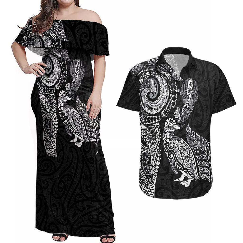 Aotearoa Moko Tribal Tattoo Couples Matching Off Shoulder Maxi Dress and Hawaiian Shirt New Zealand Maori Penguin and Fantail Black Color LT03 Black - Polynesian Pride