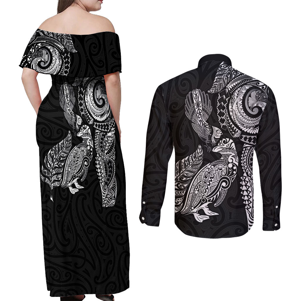 Aotearoa Moko Tribal Tattoo Couples Matching Off Shoulder Maxi Dress and Long Sleeve Button Shirt New Zealand Maori Penguin and Fantail Black Color LT03 - Polynesian Pride