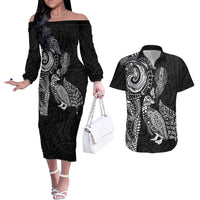 Aotearoa Moko Tribal Tattoo Couples Matching Off The Shoulder Long Sleeve Dress and Hawaiian Shirt New Zealand Maori Penguin and Fantail Black Color LT03 Black - Polynesian Pride