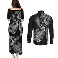 Aotearoa Moko Tribal Tattoo Couples Matching Puletasi and Long Sleeve Button Shirt New Zealand Maori Penguin and Fantail Black Color LT03 - Polynesian Pride