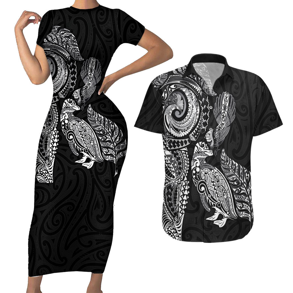 Aotearoa Moko Tribal Tattoo Couples Matching Short Sleeve Bodycon Dress and Hawaiian Shirt New Zealand Maori Penguin and Fantail Black Color
