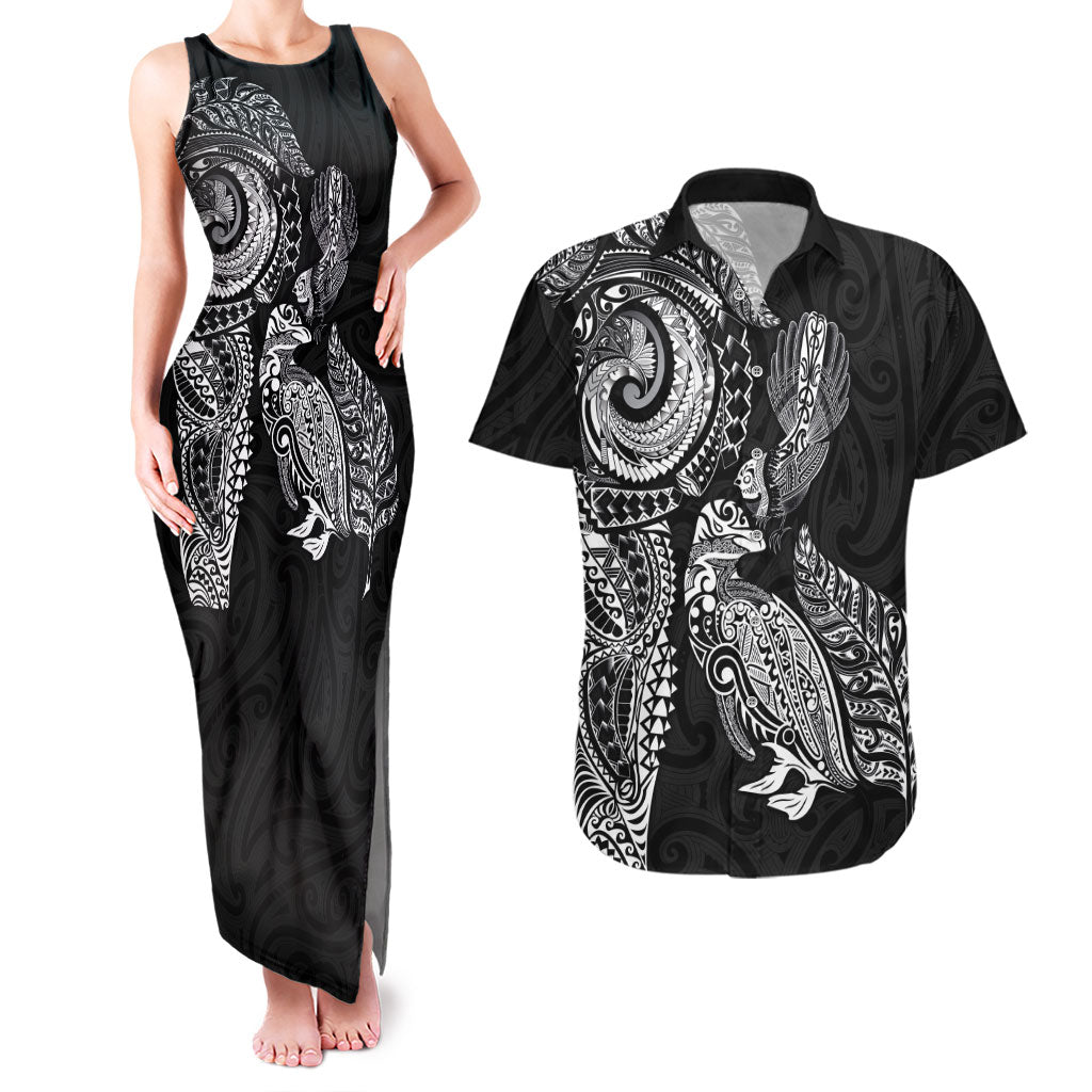 Aotearoa Moko Tribal Tattoo Couples Matching Tank Maxi Dress and Hawaiian Shirt New Zealand Maori Penguin and Fantail Black Color