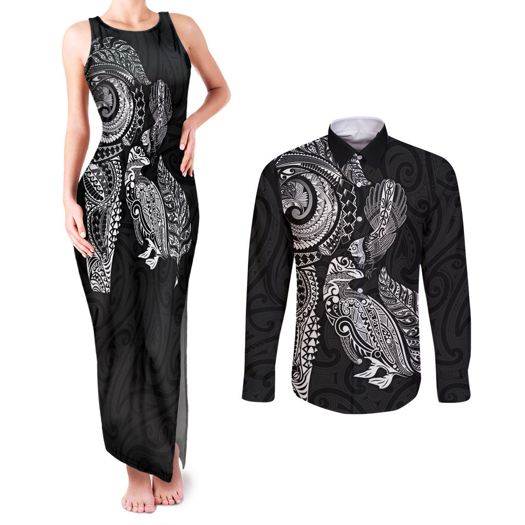 Aotearoa Moko Tribal Tattoo Couples Matching Tank Maxi Dress and Long Sleeve Button Shirt New Zealand Maori Penguin and Fantail Black Color LT03 Black - Polynesian Pride