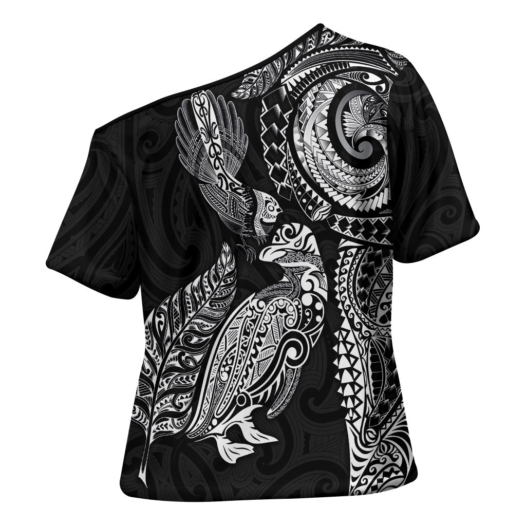 Aotearoa Moko Tribal Tattoo Cross Shoulder Shirt New Zealand Maori Penguin and Fantail Black Color LT03 - Polynesian Pride