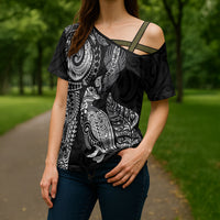Aotearoa Moko Tribal Tattoo Cross Shoulder Shirt New Zealand Maori Penguin and Fantail Black Color LT03 - Polynesian Pride