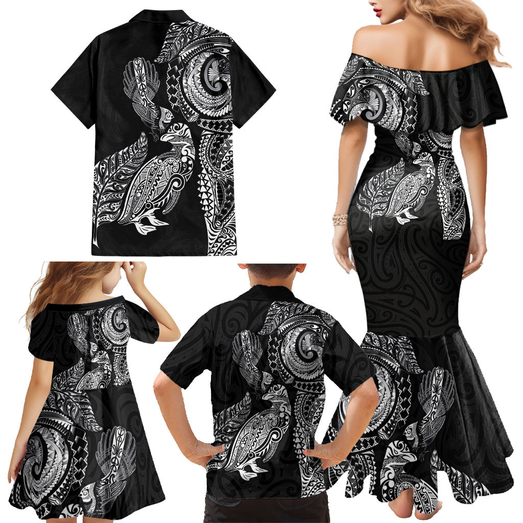 Aotearoa Moko Tribal Tattoo Family Matching Mermaid Dress and Hawaiian Shirt New Zealand Maori Penguin and Fantail Black Color LT03 - Polynesian Pride