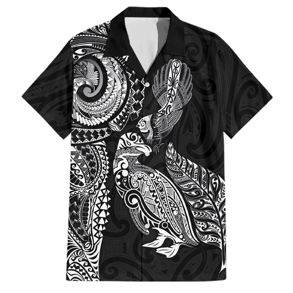 Aotearoa Moko Tribal Tattoo Family Matching Off Shoulder Maxi Dress and Hawaiian Shirt New Zealand Maori Penguin and Fantail Black Color LT03 Dad's Shirt - Short Sleeve Black - Polynesian Pride