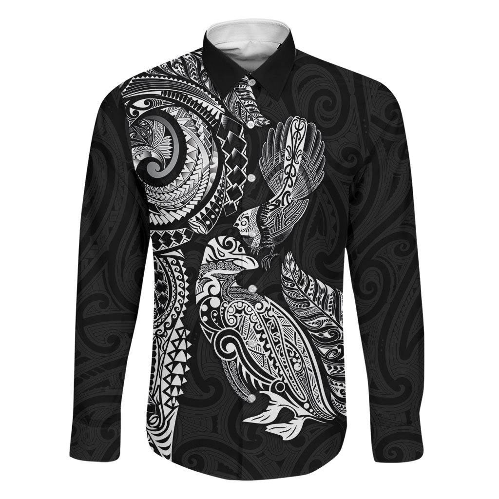 Aotearoa Moko Tribal Tattoo Family Matching Off Shoulder Maxi Dress and Hawaiian Shirt New Zealand Maori Penguin and Fantail Black Color LT03 Dad's Shirt - Long Sleeve Black - Polynesian Pride