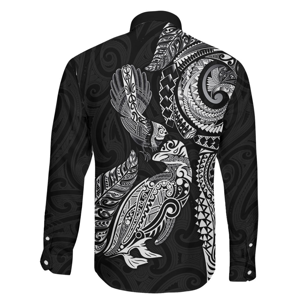 Aotearoa Moko Tribal Tattoo Family Matching Off Shoulder Maxi Dress and Hawaiian Shirt New Zealand Maori Penguin and Fantail Black Color LT03 - Polynesian Pride