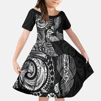 Aotearoa Moko Tribal Tattoo Family Matching Puletasi and Hawaiian Shirt New Zealand Maori Penguin and Fantail Black Color LT03 Daughter's Dress Black - Polynesian Pride