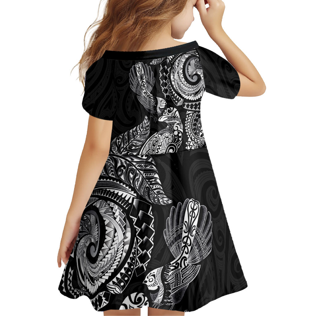Aotearoa Moko Tribal Tattoo Family Matching Puletasi and Hawaiian Shirt New Zealand Maori Penguin and Fantail Black Color LT03 - Polynesian Pride