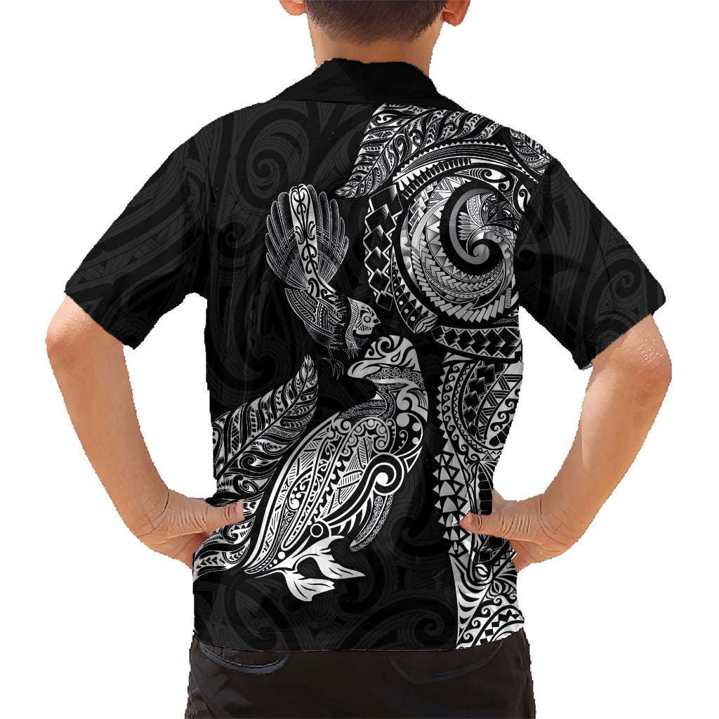 Aotearoa Moko Tribal Tattoo Family Matching Short Sleeve Bodycon Dress and Hawaiian Shirt New Zealand Maori Penguin and Fantail Black Color LT03 - Polynesian Pride