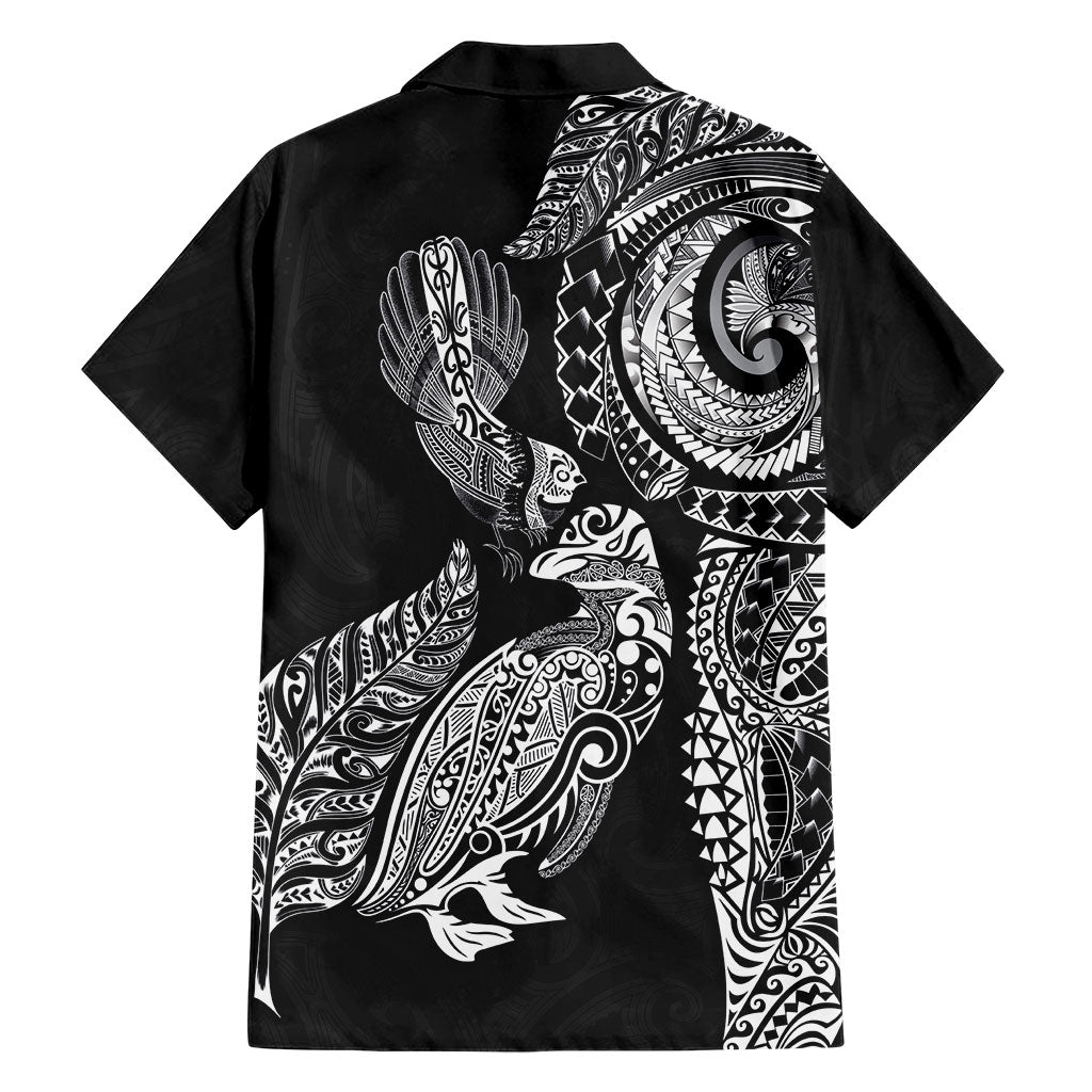 Aotearoa Moko Tribal Tattoo Family Matching Short Sleeve Bodycon Dress and Hawaiian Shirt New Zealand Maori Penguin and Fantail Black Color LT03 - Polynesian Pride