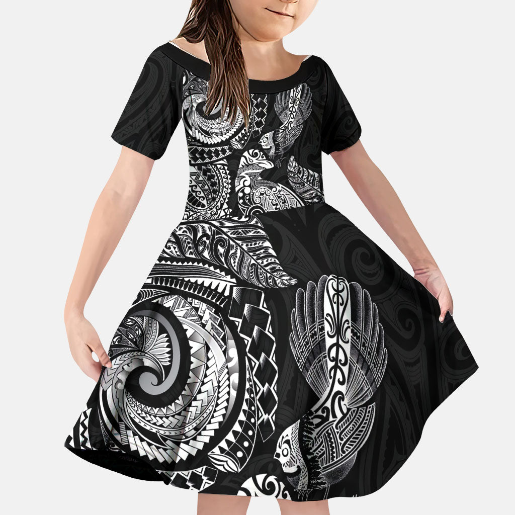Aotearoa Moko Tribal Tattoo Family Matching Summer Maxi Dress and Hawaiian Shirt New Zealand Maori Penguin and Fantail Black Color LT03 Daughter's Dress Black - Polynesian Pride