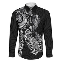 Aotearoa Moko Tribal Tattoo Family Matching Summer Maxi Dress and Hawaiian Shirt New Zealand Maori Penguin and Fantail Black Color LT03 Dad's Shirt - Long Sleeve Black - Polynesian Pride