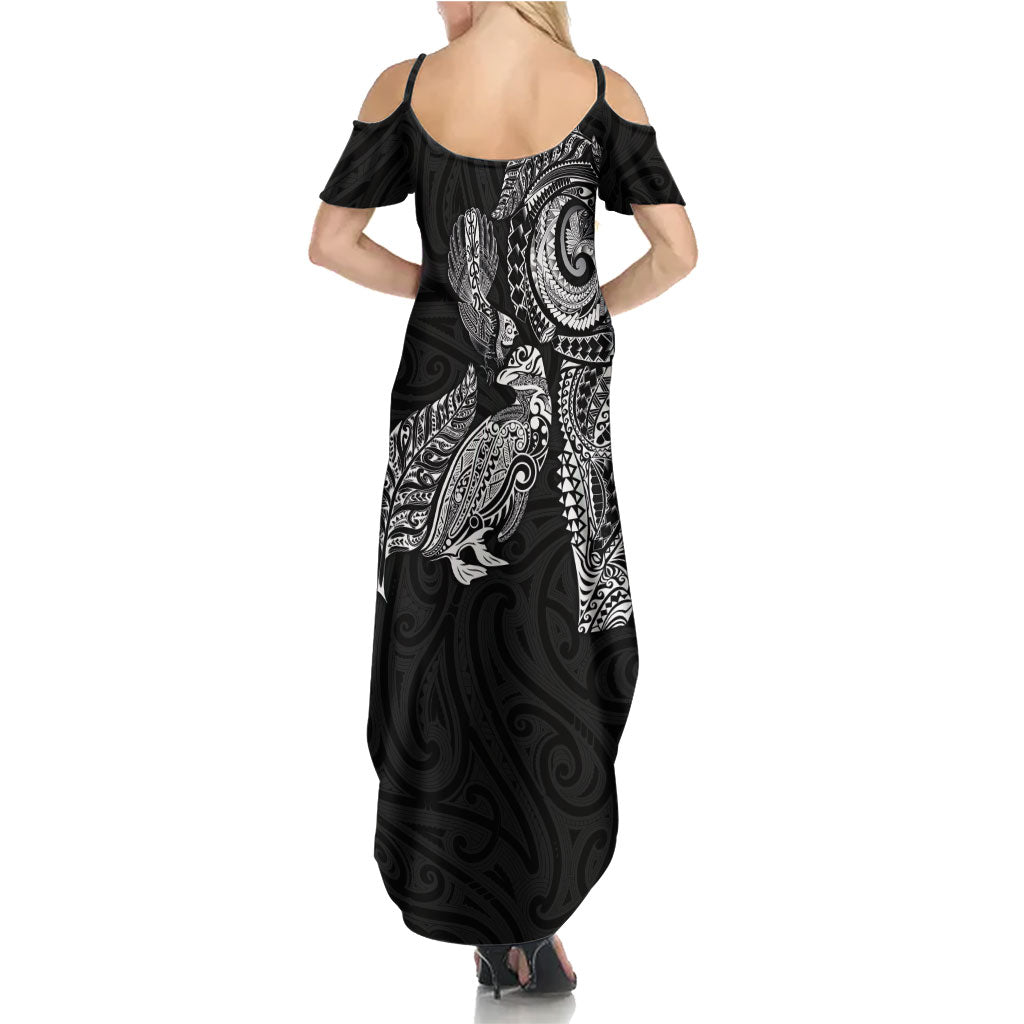 Aotearoa Moko Tribal Tattoo Family Matching Summer Maxi Dress and Hawaiian Shirt New Zealand Maori Penguin and Fantail Black Color LT03 - Polynesian Pride