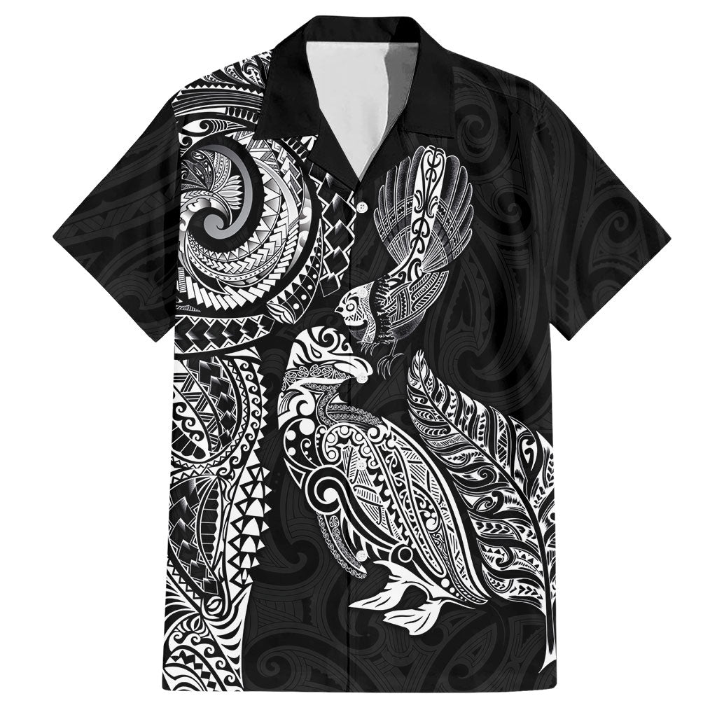 Aotearoa Moko Tribal Tattoo Hawaiian Shirt New Zealand Maori Penguin and Fantail Black Color