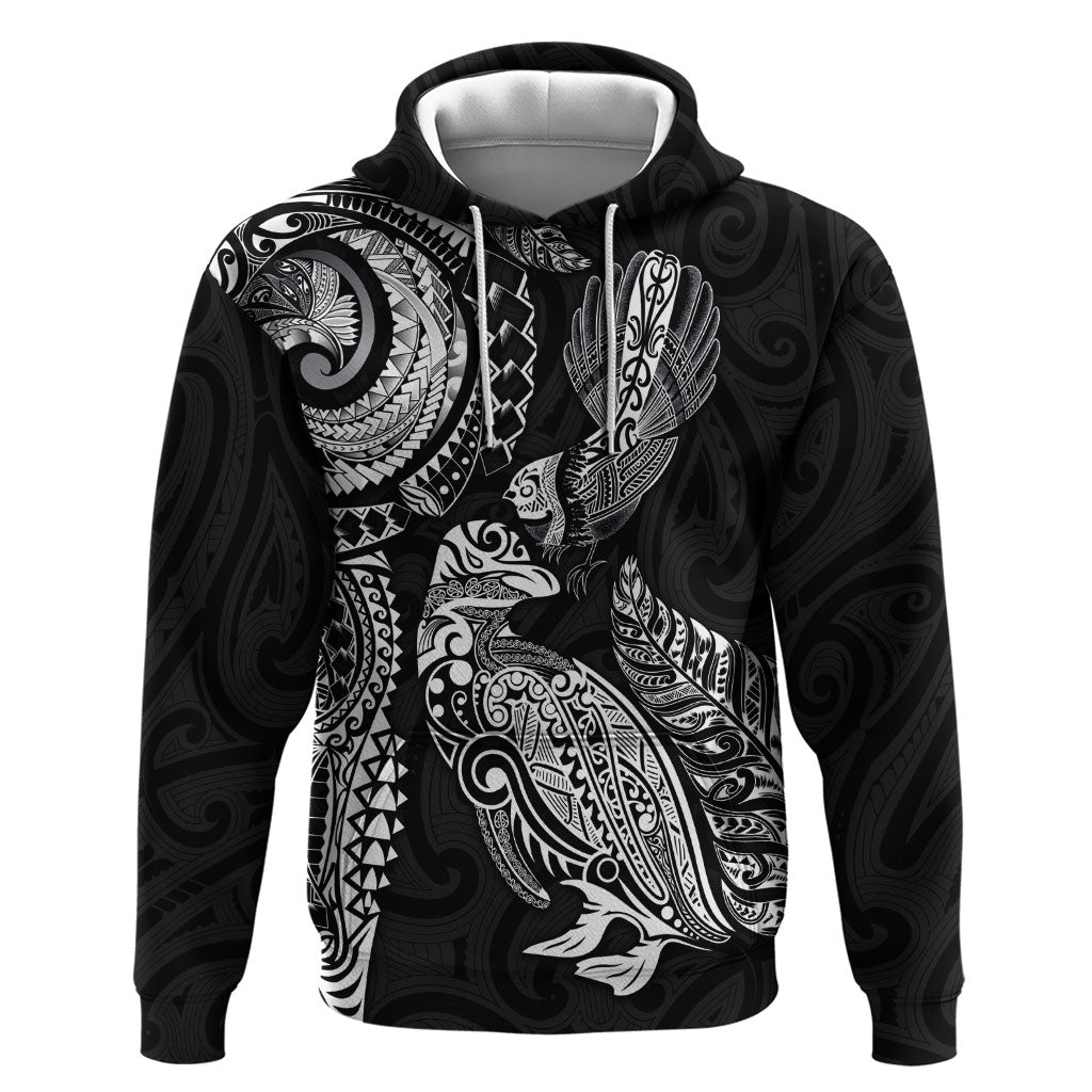 Aotearoa Moko Tribal Tattoo Hoodie New Zealand Maori Penguin and Fantail Black Color LT03 Pullover Hoodie Black - Polynesian Pride