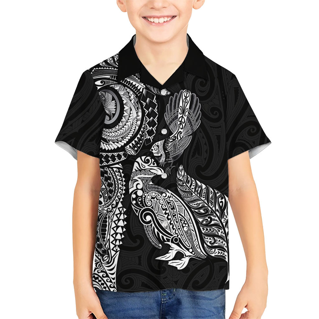 Aotearoa Moko Tribal Tattoo Kid Hawaiian Shirt New Zealand Maori Penguin and Fantail Black Color