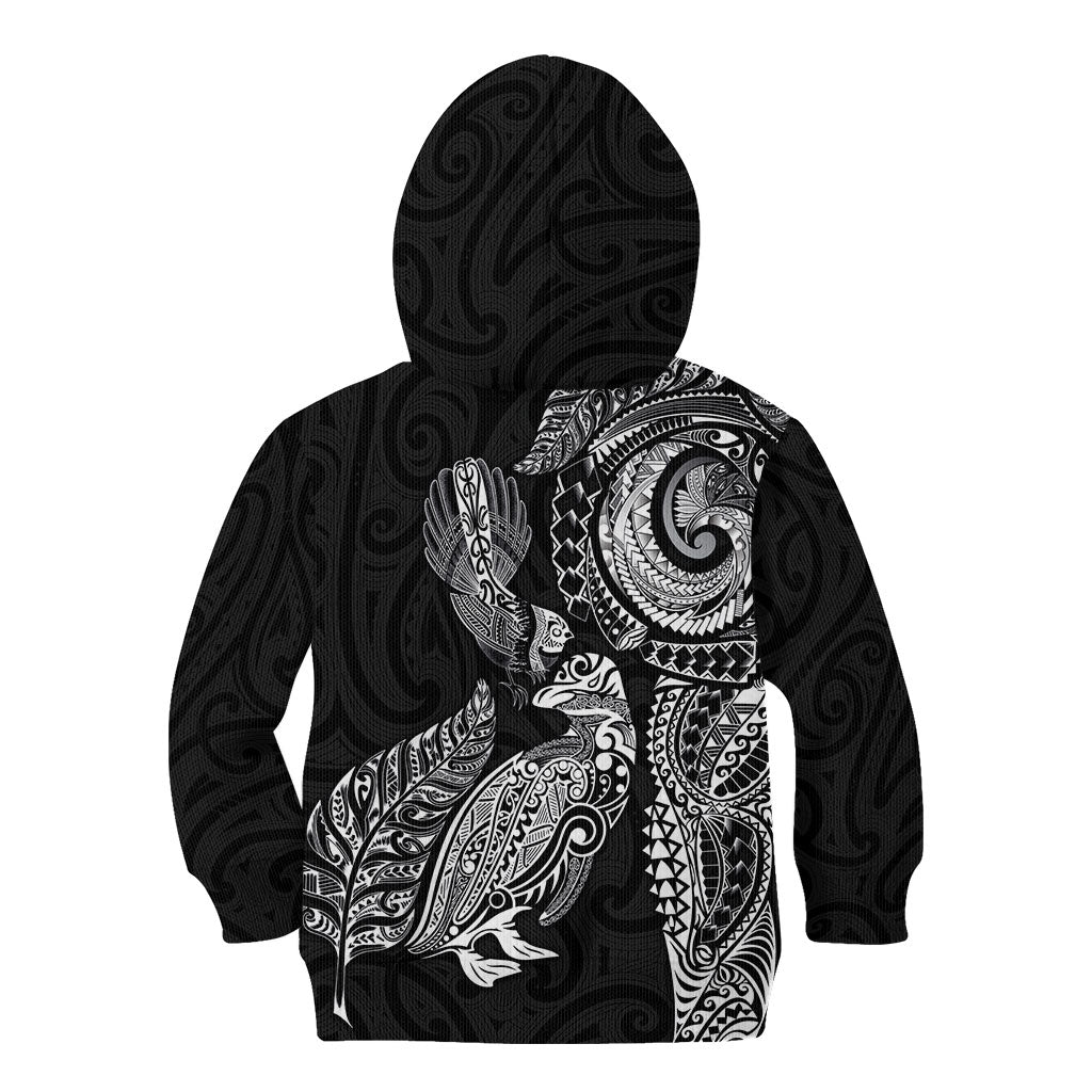 Aotearoa Moko Tribal Tattoo Kid Hoodie New Zealand Maori Penguin and Fantail Black Color LT03 - Polynesian Pride