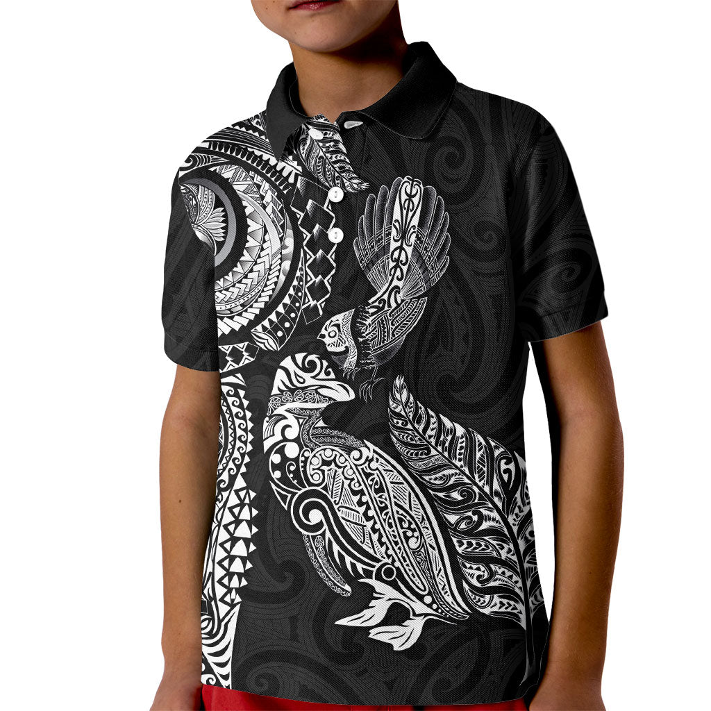 Aotearoa Moko Tribal Tattoo Kid Polo Shirt New Zealand Maori Penguin and Fantail Black Color LT03 Kid Black - Polynesian Pride
