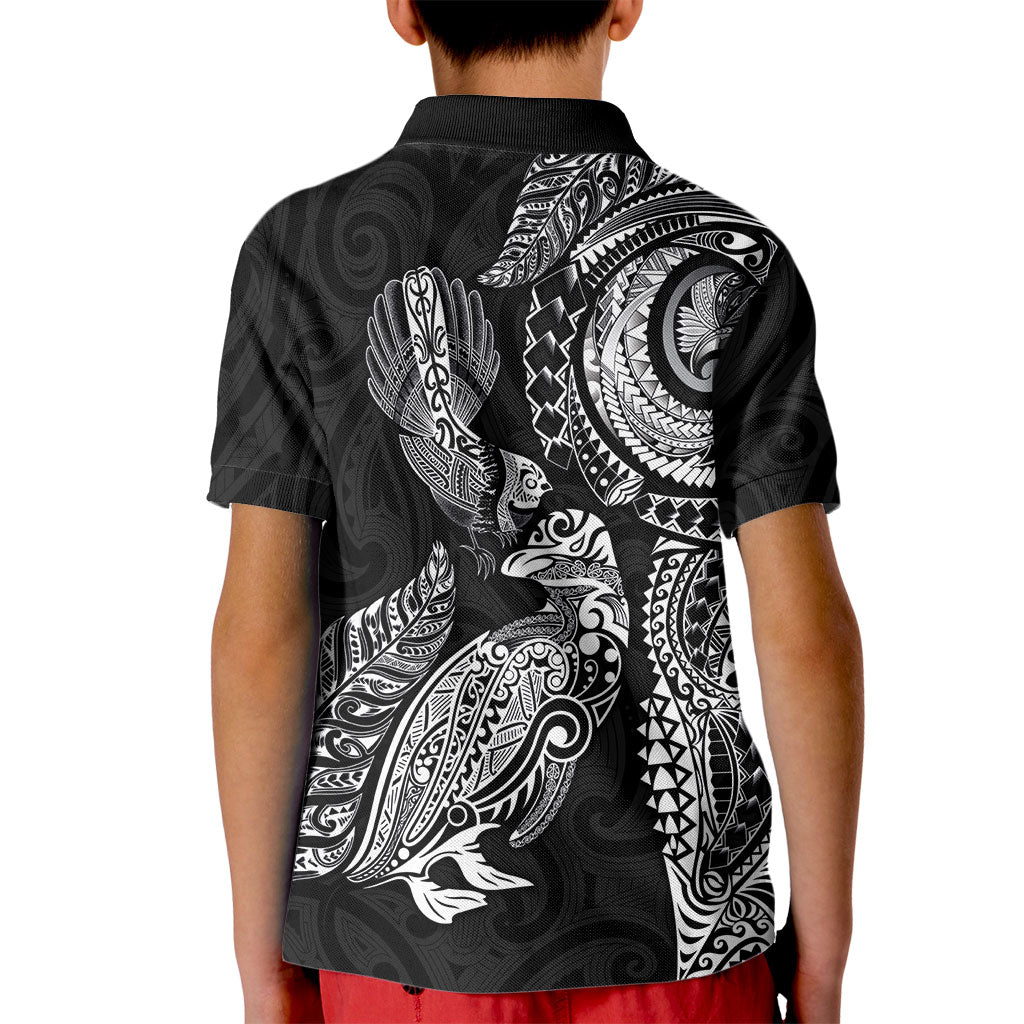 Aotearoa Moko Tribal Tattoo Kid Polo Shirt New Zealand Maori Penguin and Fantail Black Color LT03 - Polynesian Pride