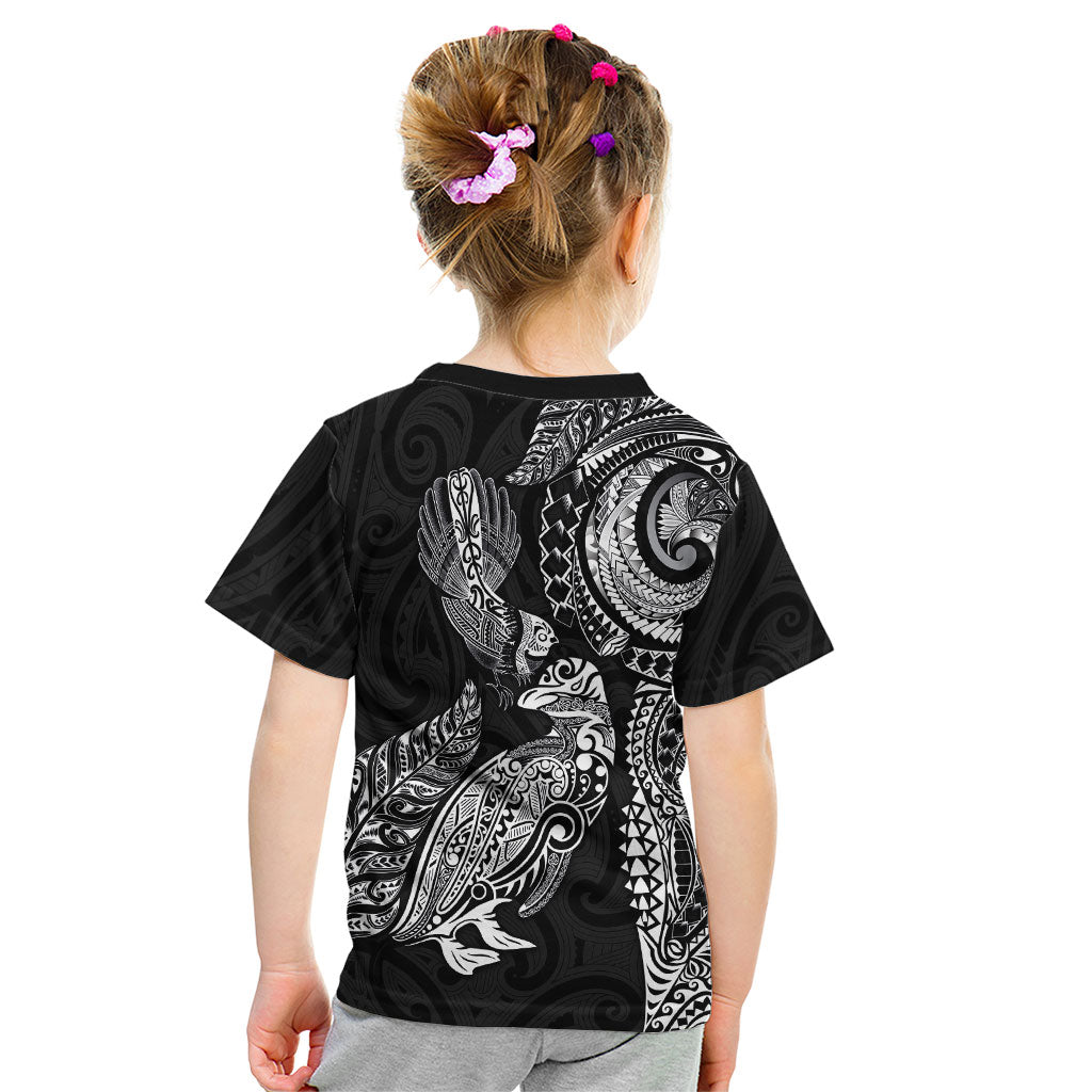 Aotearoa Moko Tribal Tattoo Kid T Shirt New Zealand Maori Penguin and Fantail Black Color LT03 - Polynesian Pride