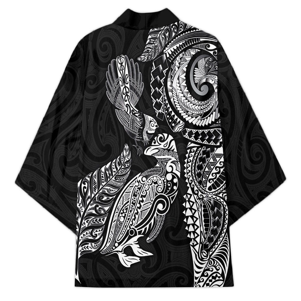 Aotearoa Moko Tribal Tattoo Kimono New Zealand Maori Penguin and Fantail Black Color LT03 - Polynesian Pride