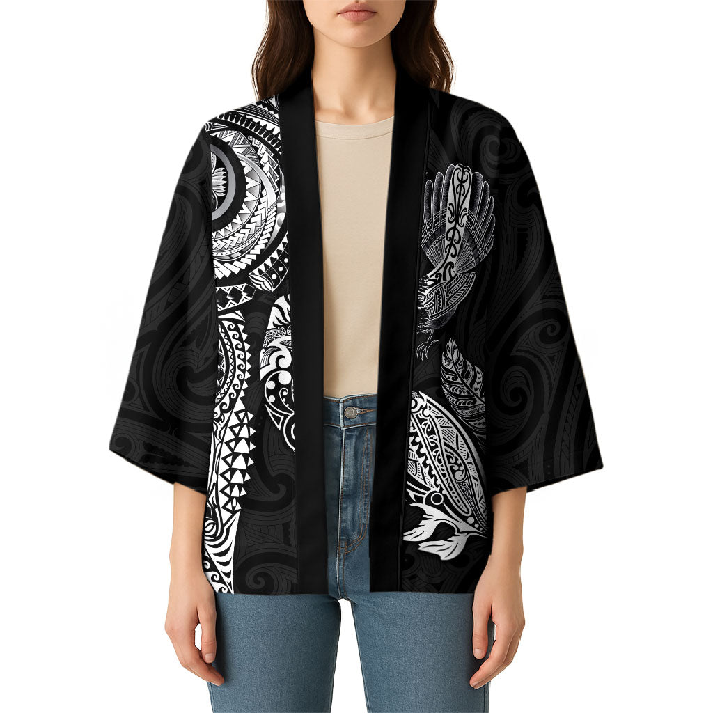 Aotearoa Moko Tribal Tattoo Kimono New Zealand Maori Penguin and Fantail Black Color LT03 - Polynesian Pride