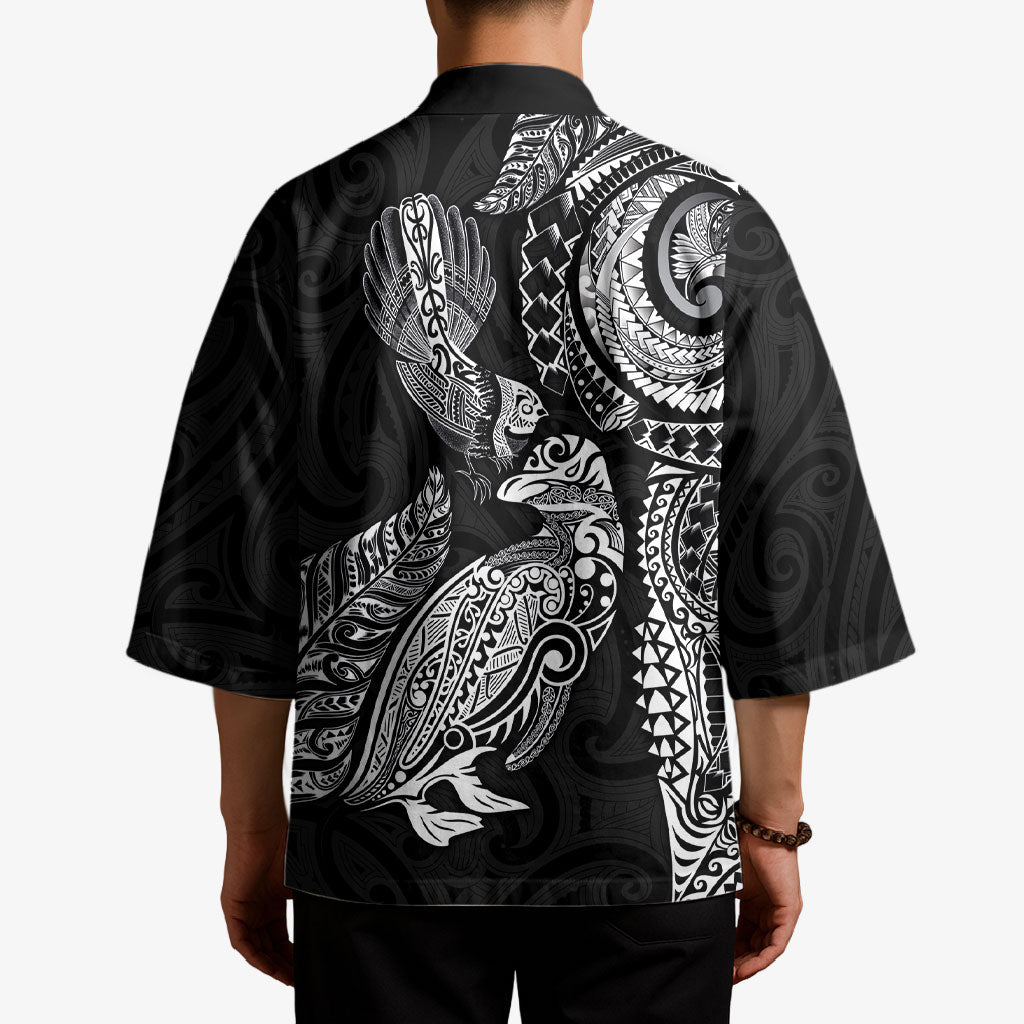 Aotearoa Moko Tribal Tattoo Kimono New Zealand Maori Penguin and Fantail Black Color LT03 - Polynesian Pride