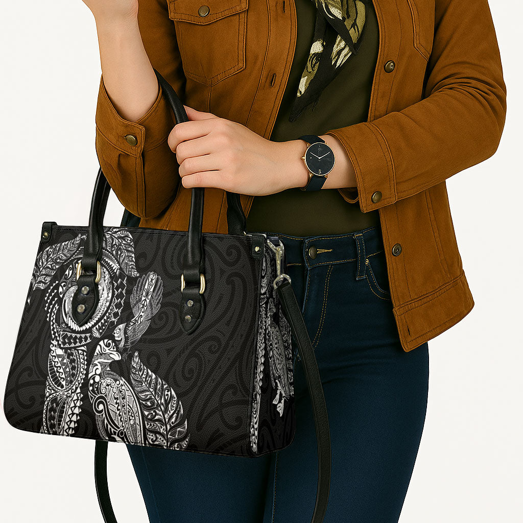 Aotearoa Moko Tribal Tattoo Leather Bag New Zealand Maori Penguin and Fantail Black Color LT03 - Polynesian Pride