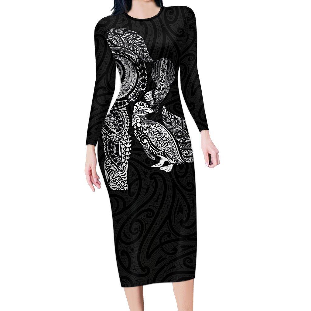 Aotearoa Moko Tribal Tattoo Long Sleeve Bodycon Dress New Zealand Maori Penguin and Fantail Black Color