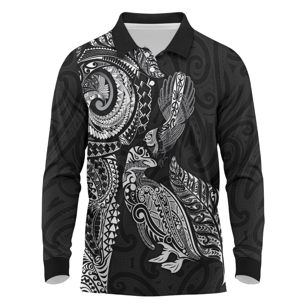 Aotearoa Moko Tribal Tattoo Long Sleeve Polo Shirt New Zealand Maori Penguin and Fantail Black Color LT03 Black - Polynesian Pride