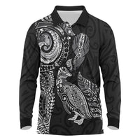 Aotearoa Moko Tribal Tattoo Long Sleeve Polo Shirt New Zealand Maori Penguin and Fantail Black Color LT03 Black - Polynesian Pride