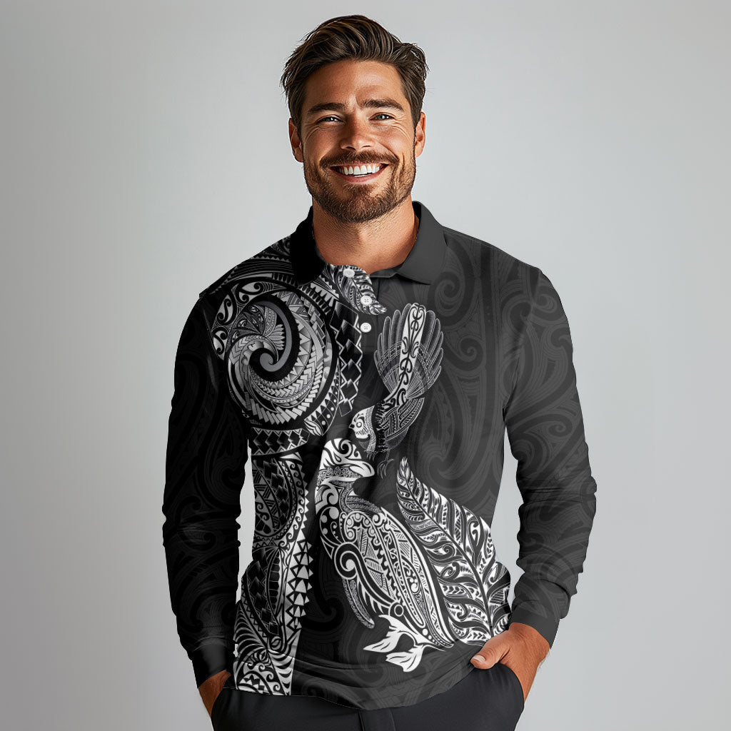 Aotearoa Moko Tribal Tattoo Long Sleeve Polo Shirt New Zealand Maori Penguin and Fantail Black Color LT03 - Polynesian Pride