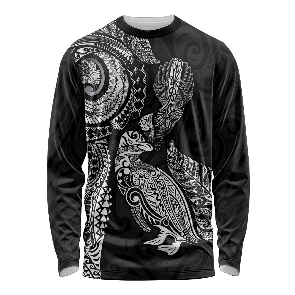 Aotearoa Moko Tribal Tattoo Long Sleeve Shirt New Zealand Maori Penguin and Fantail Black Color