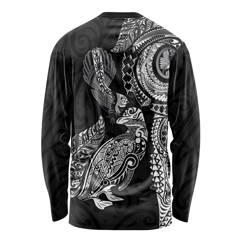 Aotearoa Moko Tribal Tattoo Long Sleeve Shirt New Zealand Maori Penguin and Fantail Black Color LT03 - Polynesian Pride