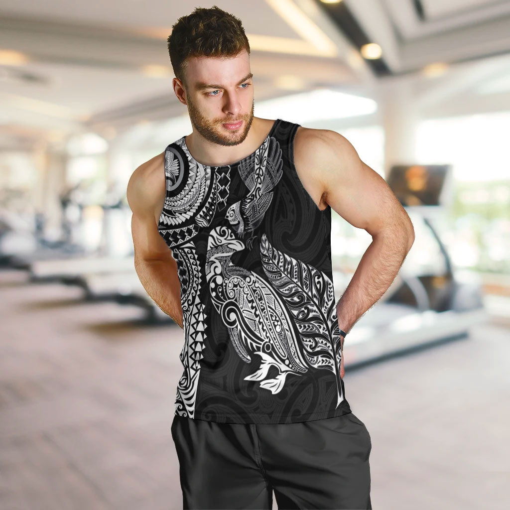 Aotearoa Moko Tribal Tattoo Men Tank Top New Zealand Maori Penguin and Fantail Black Color