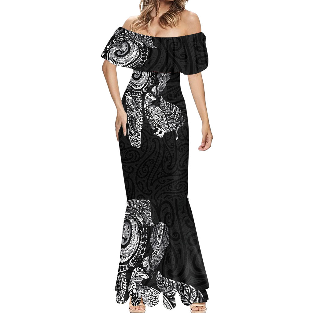 Aotearoa Moko Tribal Tattoo Mermaid Dress New Zealand Maori Penguin and Fantail Black Color LT03 - Polynesian Pride