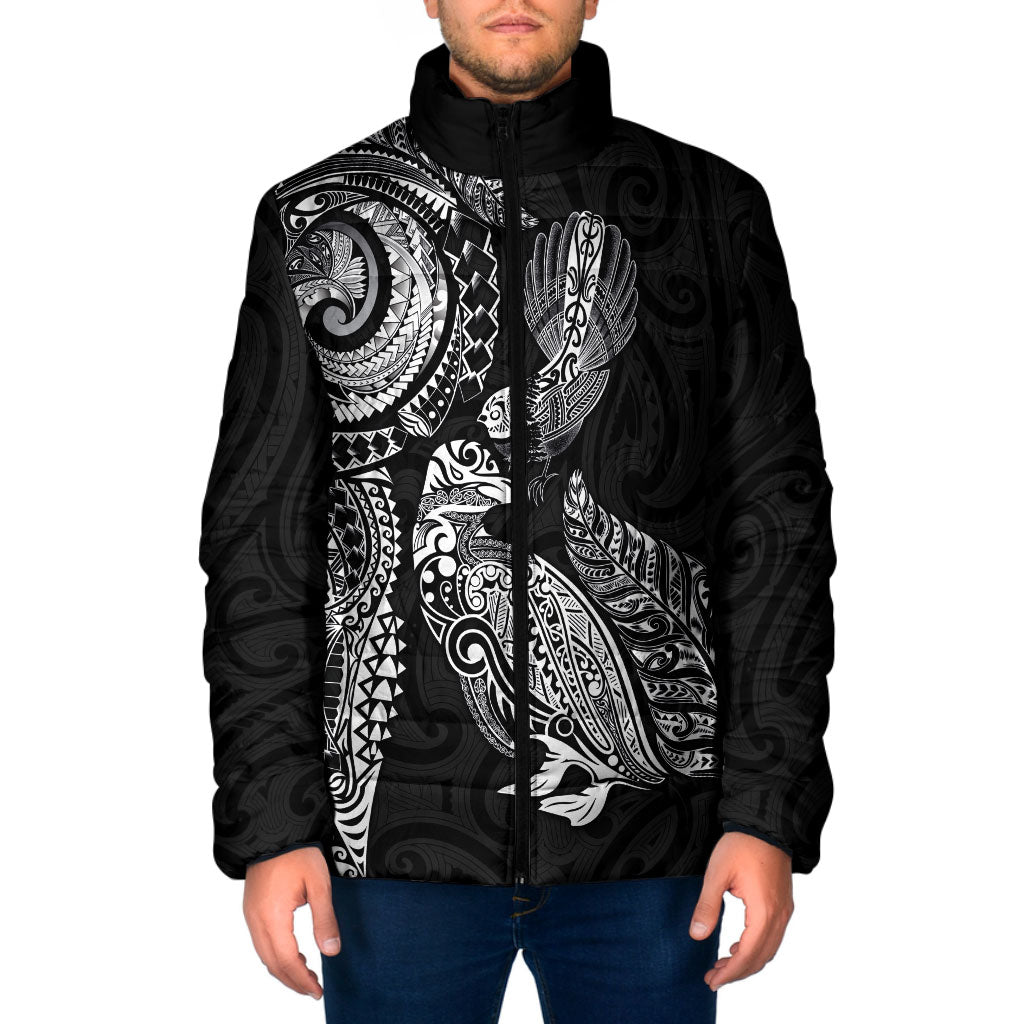 Aotearoa Moko Tribal Tattoo Padded Jacket New Zealand Maori Penguin and Fantail Black Color
