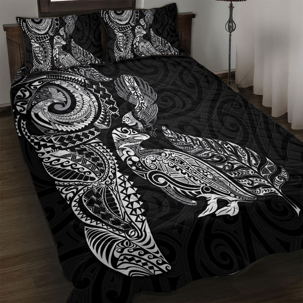 Aotearoa Moko Tribal Tattoo Quilt Bed Set New Zealand Maori Penguin and Fantail Black Color LT03 Black - Polynesian Pride