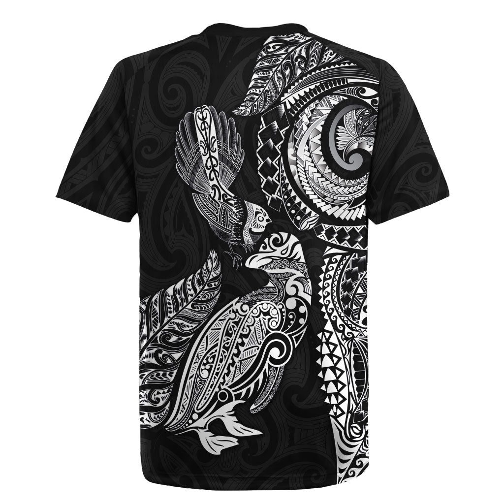 Aotearoa Moko Tribal Tattoo Rugby Jersey New Zealand Maori Penguin and Fantail Black Color LT03 - Polynesian Pride
