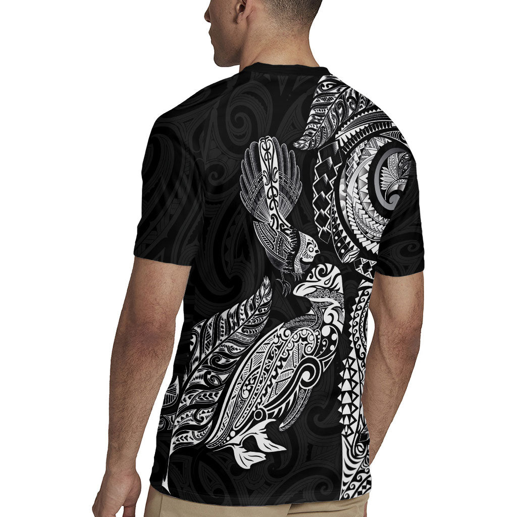 Aotearoa Moko Tribal Tattoo Rugby Jersey New Zealand Maori Penguin and Fantail Black Color LT03 - Polynesian Pride